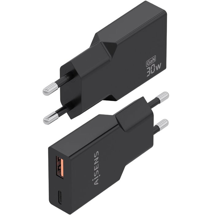 Aisens Cargador GaN Ultra Delgado 30W con USB-C y USB-A, Negro Aisens Cargador GaN Ultra Delgado 30W con USB-C y USB-A, Negro
